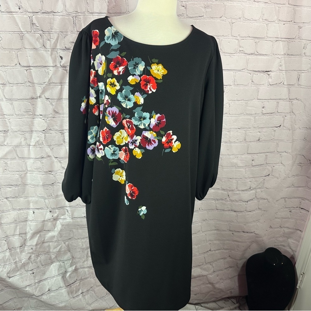 ann taylor bright Floral Black shift Dress women XL peasant long sleeve classic